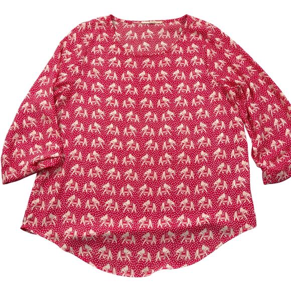 41 Hawthorn Top Womens Medium Red Elephant Print Roll Tab 3/4 Sleeve Blouse - Picture 1 of 7
